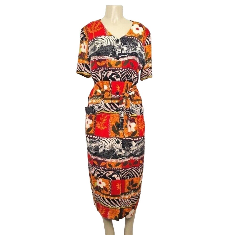 Vintage WNY Womens Size 14 Orange & Black Patterned Short Sleeve Belted Dress